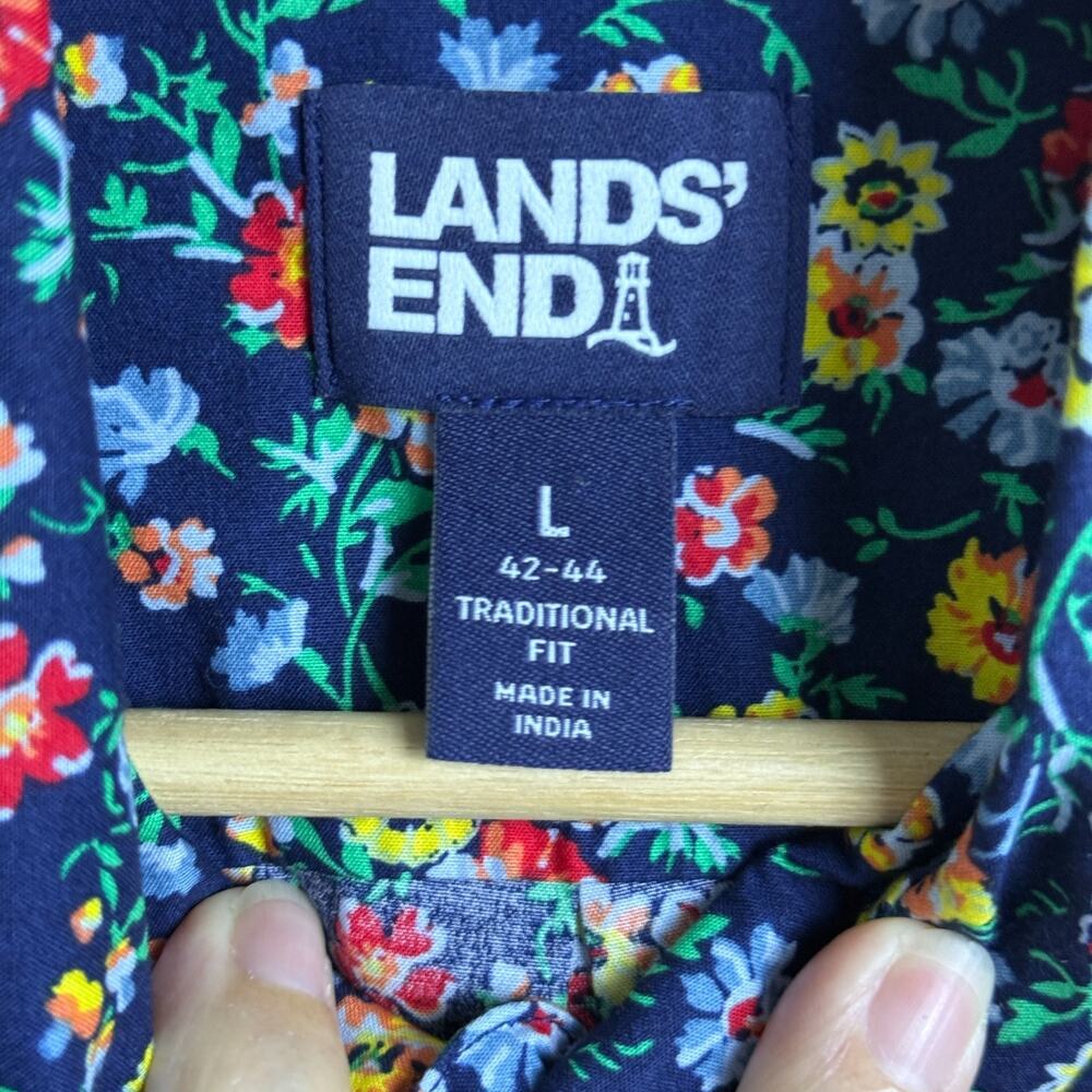 Lands End Mens Sz Large Blue Floral Camp Shirt Oeko Tex Dadcore Vacation Preppy - Picture 5 of 8